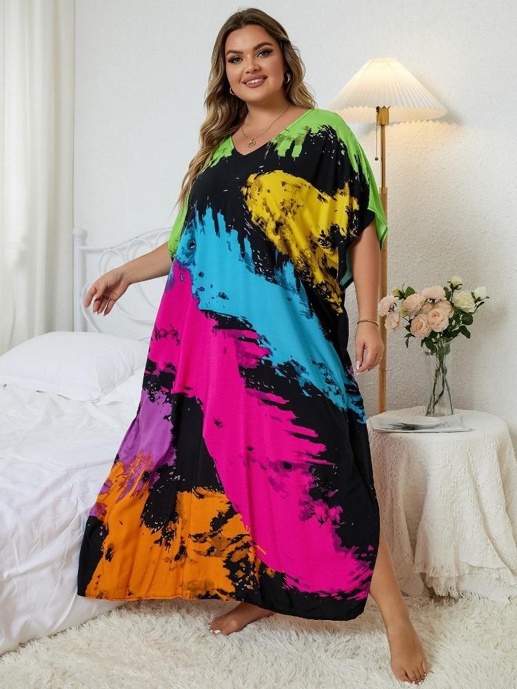 V Neck Bohemian Plus Size Printed Kaftan Dress Women Classy Long Vacation Swimsuit Cover Up