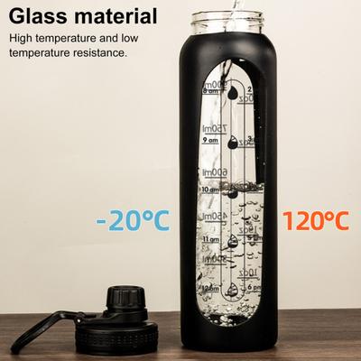 Glass Water Bottle with Silicone Sleeve Time Marker 1000ml Leakproof Borosilicate Water Cup
