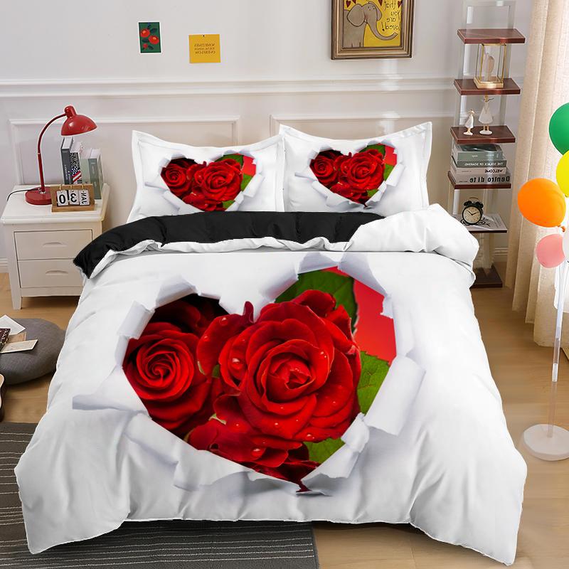 Red Rose King Queen Duvet Cover Valentine's Day Wedding Couple Flower Bedding Set 2/3Pcs Love Heart Floral Polyester Quilt Cover