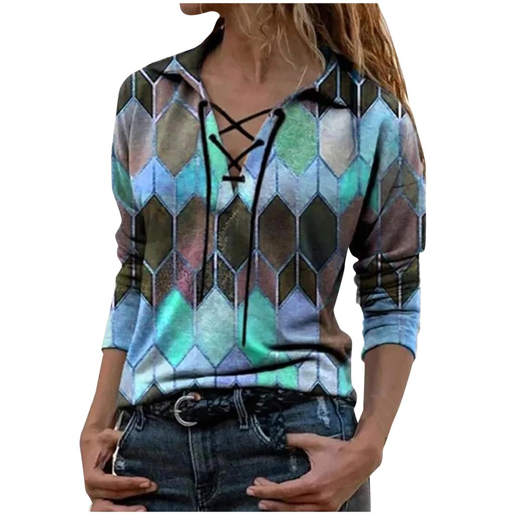 Fashion Women Prints Long Sleeve Color Matching Bandage Tops Blouses
