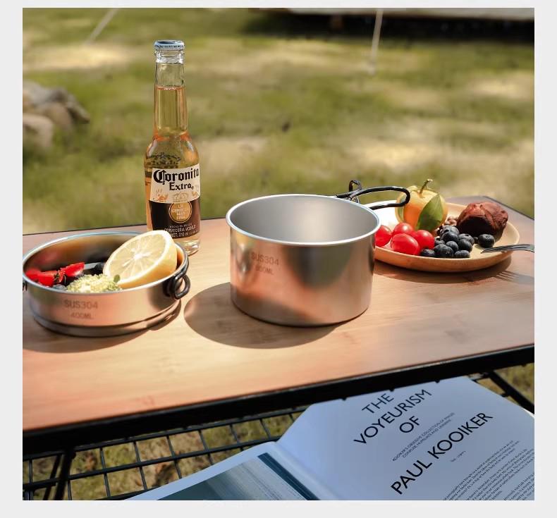 Stackable 304 Stainless Steel Camping Cookware Set - Includes Pot, Pan, Water Cup, and Tableware