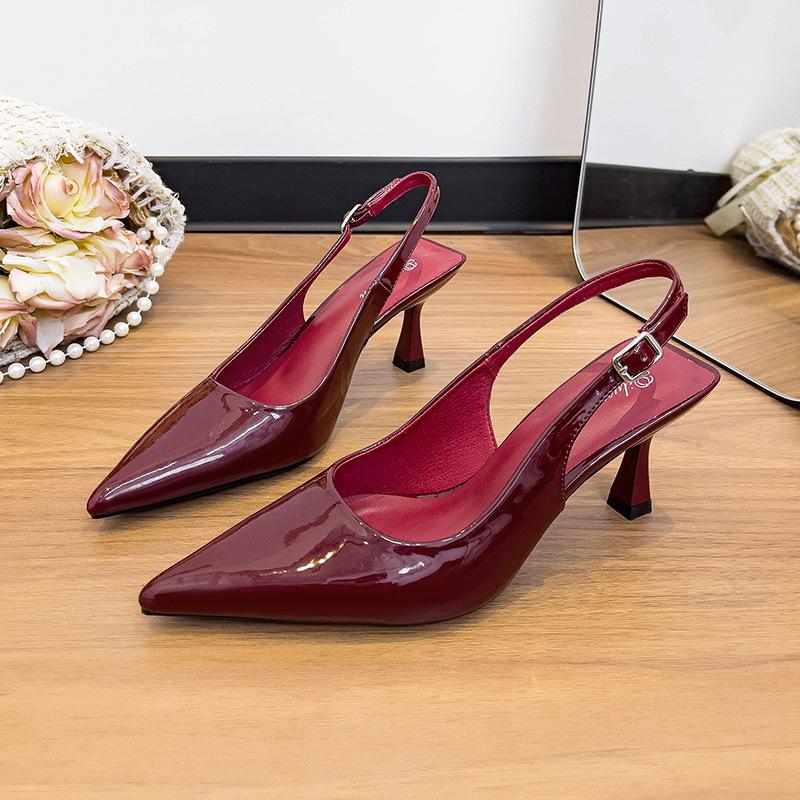 Baotou sandals women's 2025 new summer one-word with patent leather red high heels women's thin heels pointed back empty single shoes