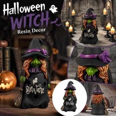 Resin Witch Figurine Handmade Halloween Decoration Indoor Outdoor Desktop Ornament with Pumpkin Hat and Broom for Home Party Display