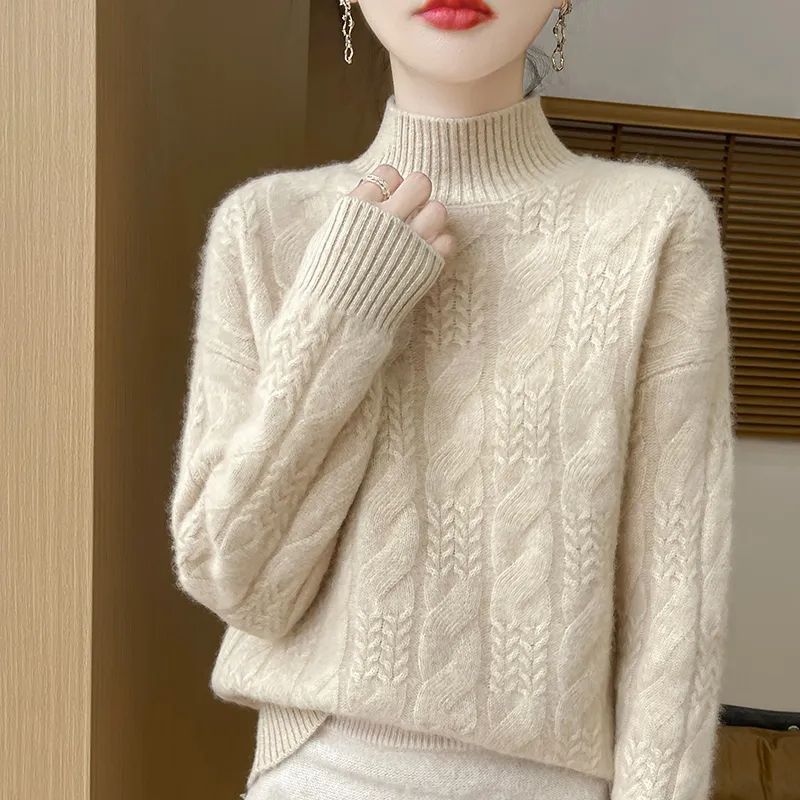 Eleganter beiger Pullover für Damen - Langärmlig, hoher Kragen, Zopfmuster, mittlere Dehnbarkeit, perfekt für Herbst & Winter, gemütliche Winterbekleidung | Zopfmusterpullover