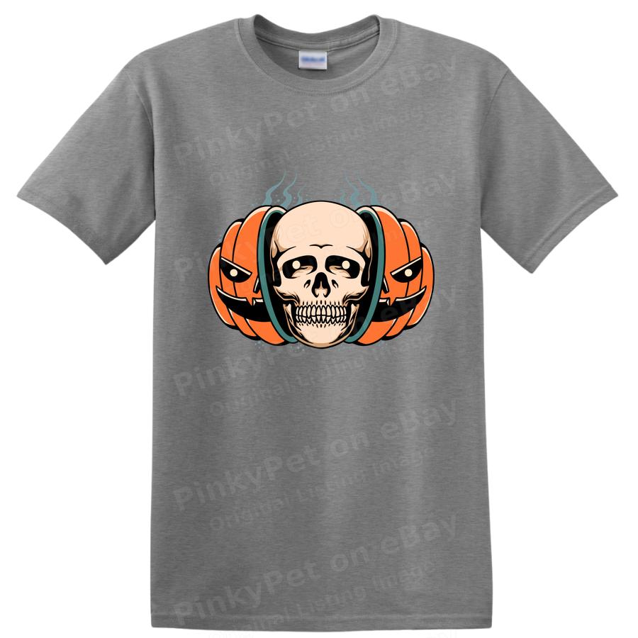 Skull w/ Pumpkin Headphones Halloween Graphic T Shirt Funny Tee Design