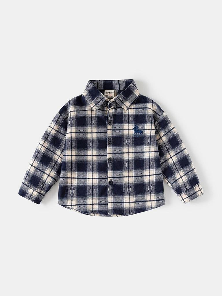 2026 Spring Kids' Blue Plaid Embroidered Long Sleeve Shirt for Boys