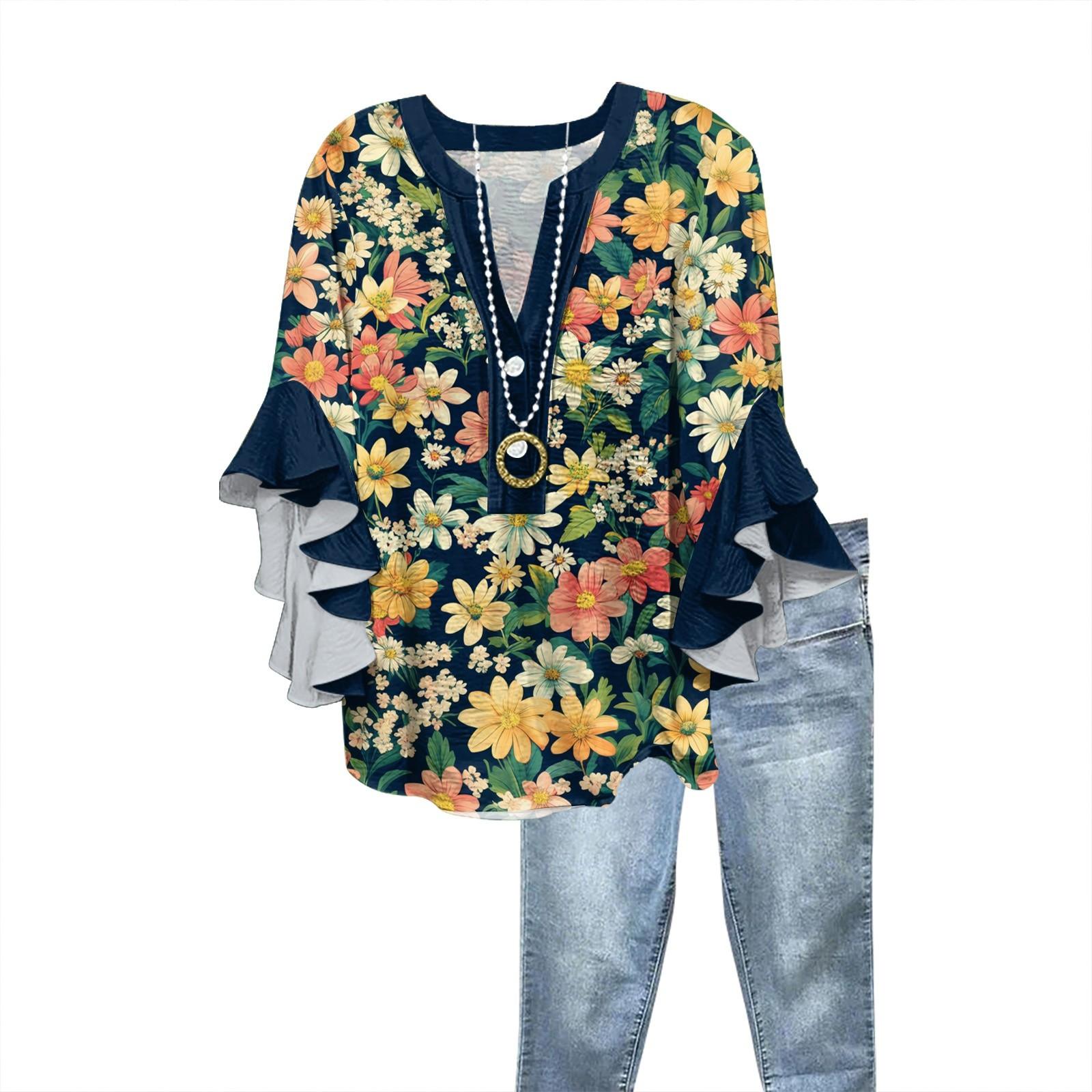 

Summer Tops For Women Cute V Neck 3/4 Sleeve Blouses Print Top Casual Shirts XL жовтий
