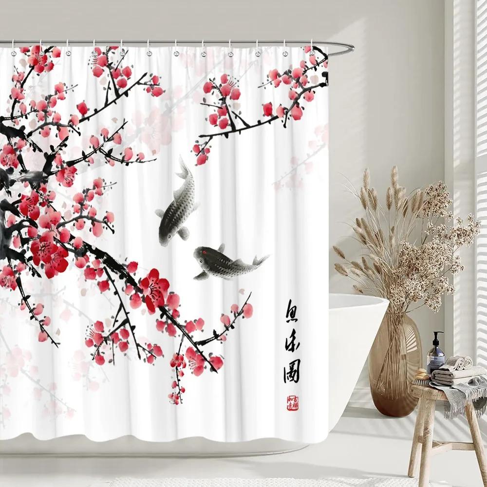 Aesthetic Floral Shower Curtain Watercolour Plum Artist Home Bathroom Decor Polyester Washable Shower Curtains Set With Hooks