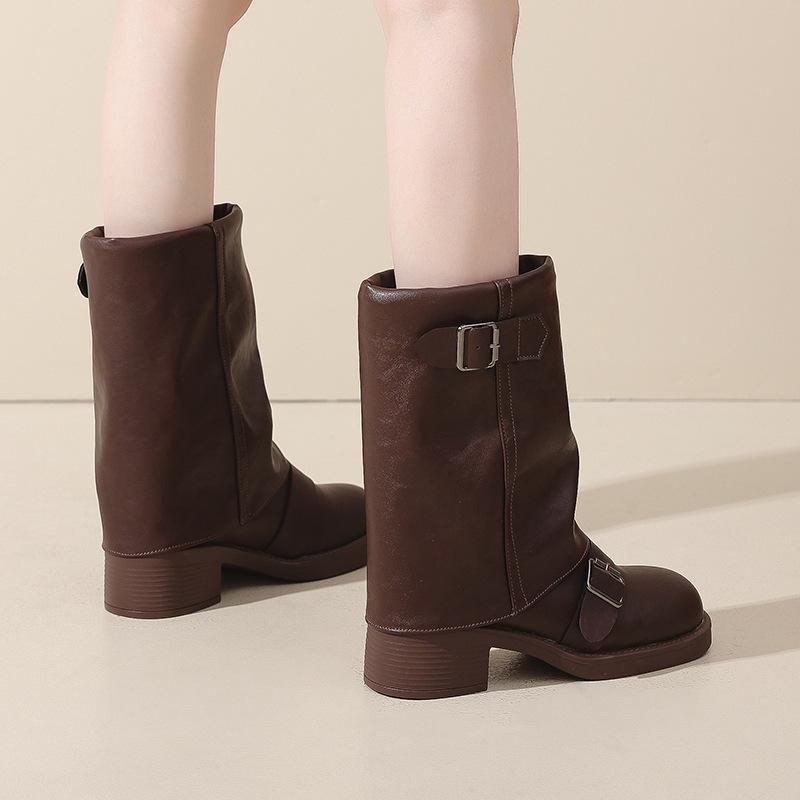 Vintage Western Cowboy Boots Women's 2025 Pleated Pile Boots Heel Belt Buckle Medium Pants Tube Boots Large Size Knight Boots