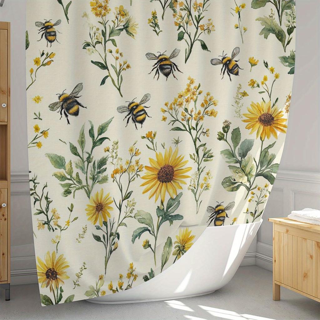 Sunflower And Bee Pattern Shower Curtain - Waterproof Bathroom Decor With Floral Pattern, Polyester Fabric, For Bathroom Decor