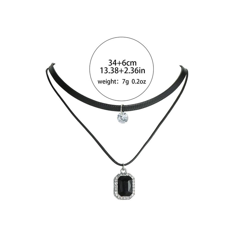 Women's Double-Layer Black Leather Choker Necklace with Crystal Pendant - Mori Style