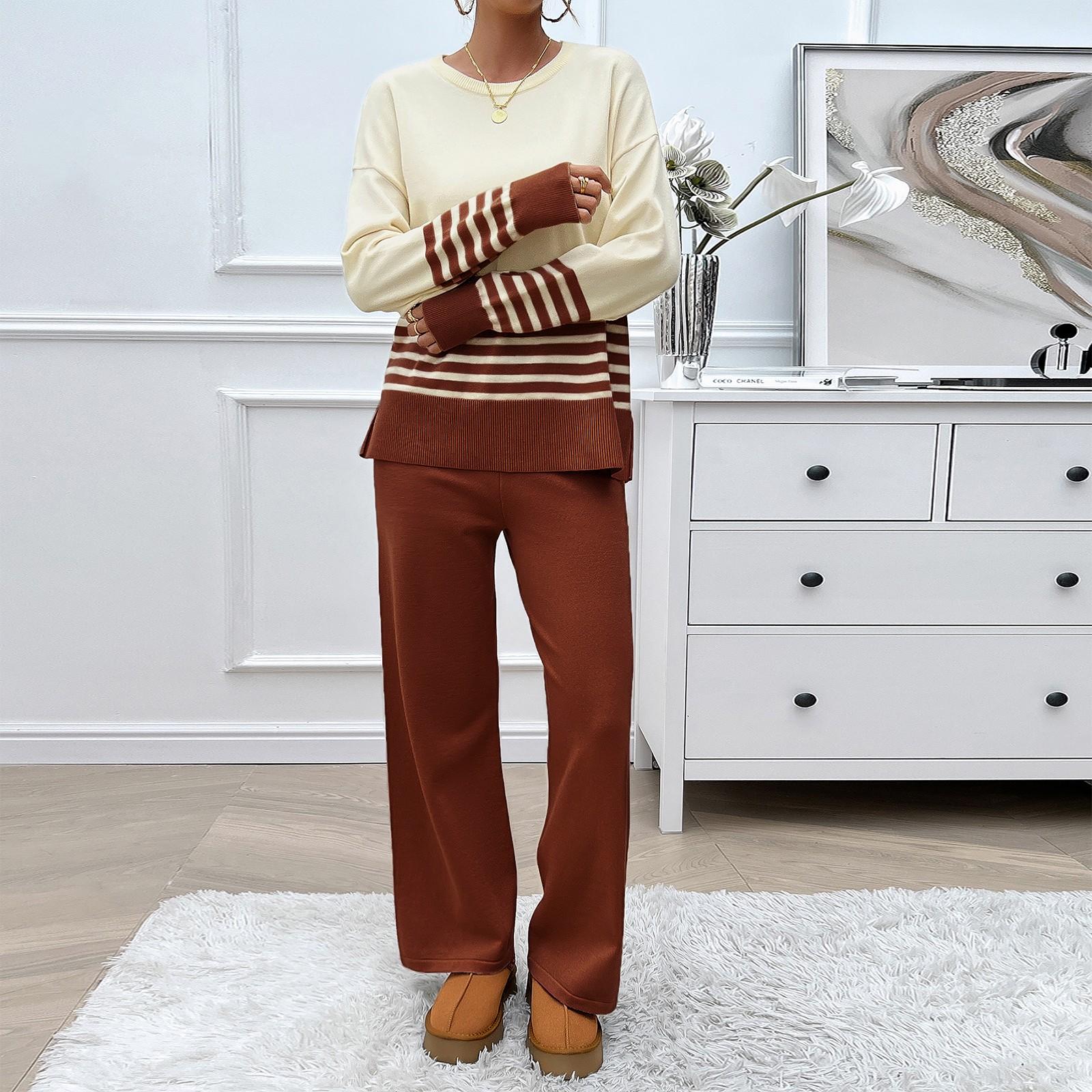 

Женский повседневный свободный комплект из свитера контрастного цвета с круглым вырезом и прямыми брюками L коричневый