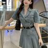 French Style Slim Denim Dress with Pleated Skirt & Belt