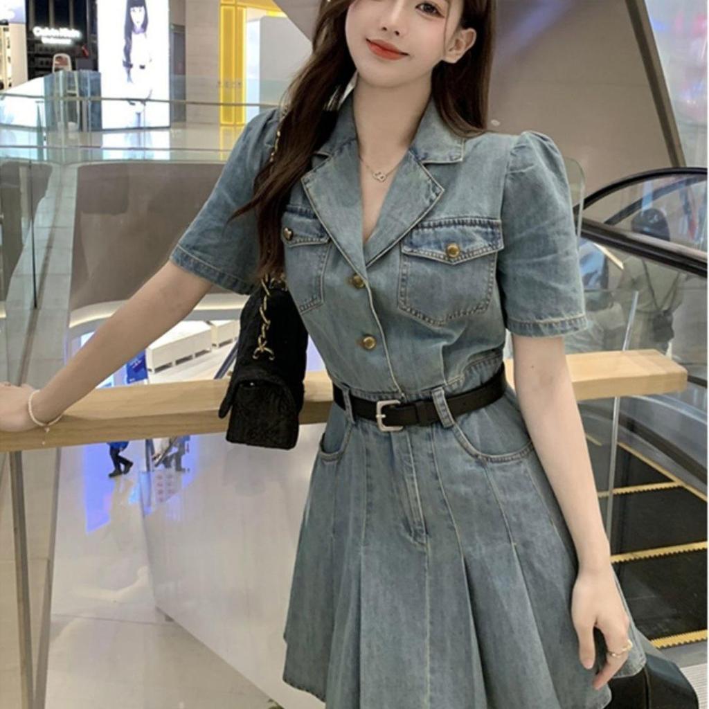 French Style Slim Denim Dress with Pleated Skirt & Belt