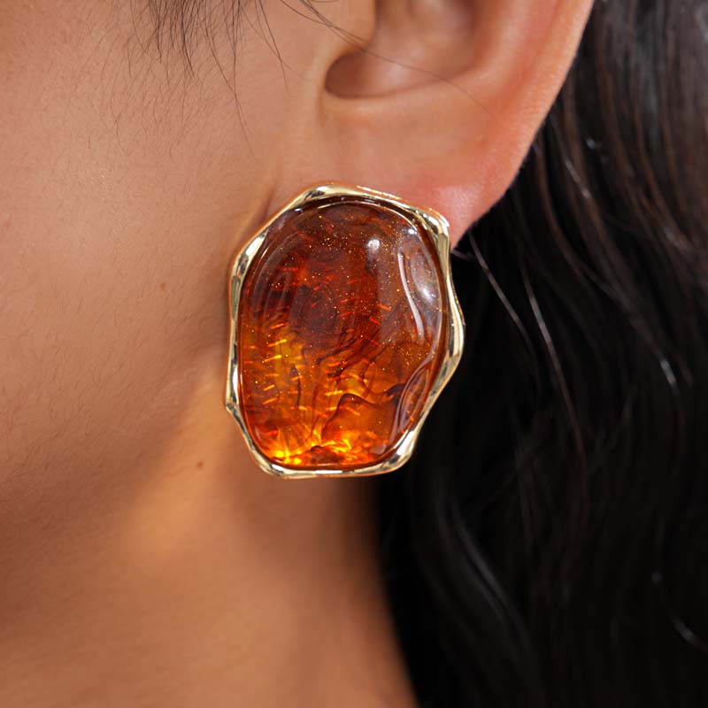 Vintage Brown Resin Elliptical Stud Earrings For Women Exaggerated Metal Geometric Earrings Wedding Ear Zircon Accessories