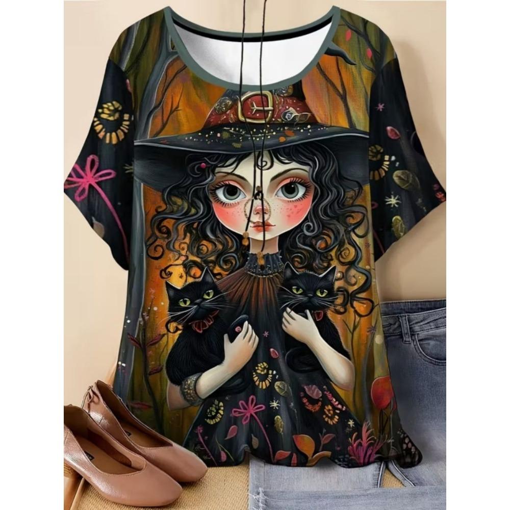 

Женские футболки больших размеров XL-7XL Женские модные футболки с круглым вырезом и принтом кошки-девочки, с коротким рукавом 5XL