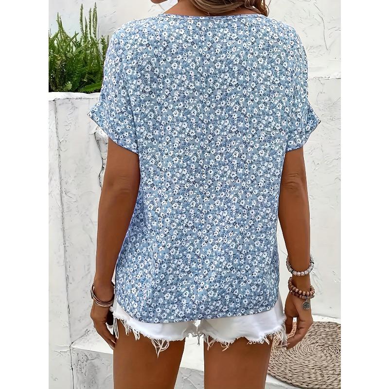 Summer Printed Women's T-shirt Elegant Floral Buttons Short Sleeve Loose Casual T-shirts Women Fashion Vintage Office Ladies Pullover Tee Tops New