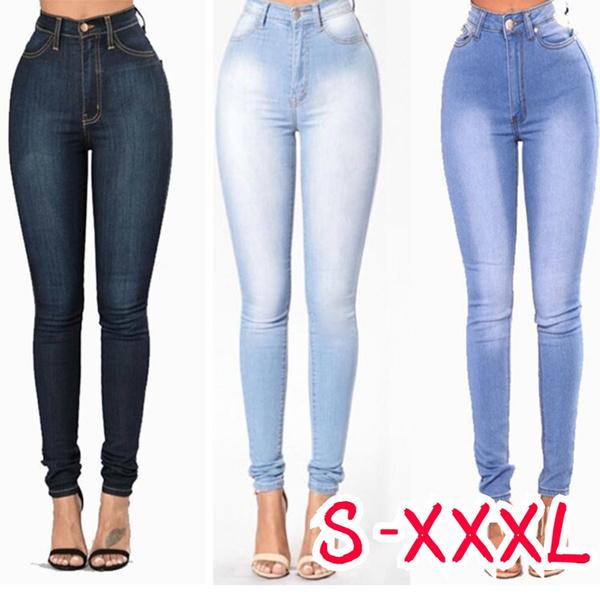 Women's Grinding White Elastic Waist Skinny Stretch Jeans Plus Size High Waist Jeans Washed Casual Skinny Pencil Pants