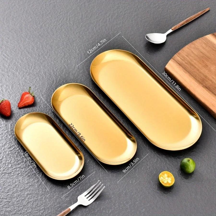 Gold Plate Korean Creative Stainless Steel Oval Plate Dim Sum Dim Sum Plate Long Dinner Plate Barbecue Plate Dinner Plate