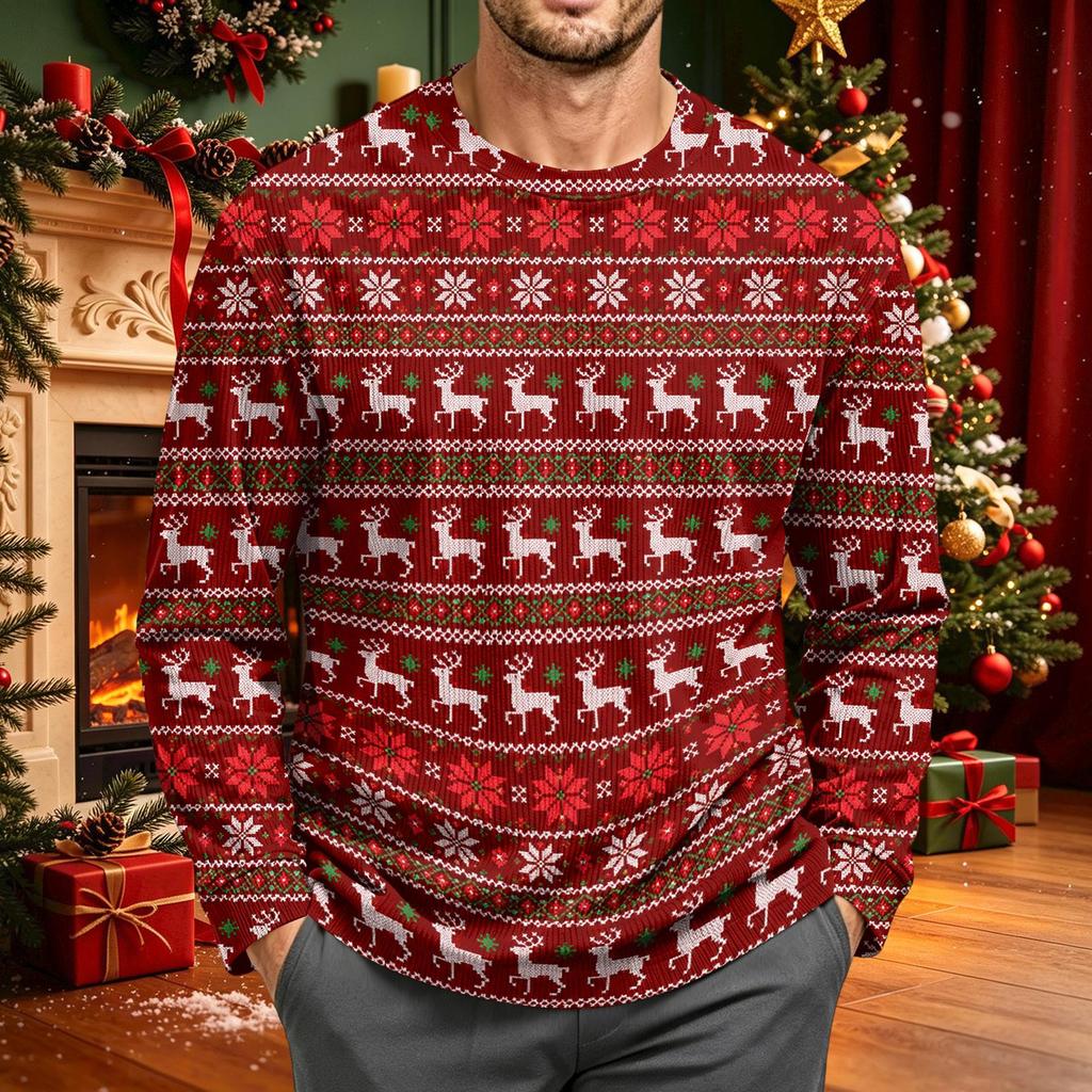 Men's Corduroy Long Sleeve Crewneck Top with Christmas Print for Holiday Casual Wear