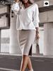 Women's Fashion Casual Loose V-Neck Sweatshirt Set with Skinny Skirt Long Sleeve Top Two Piece Outfit