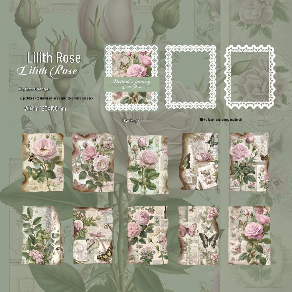 Dark Shadow Phantom Fantasy Chronicle Retro Lace Paper - 24 Sheets, 6 Styles.