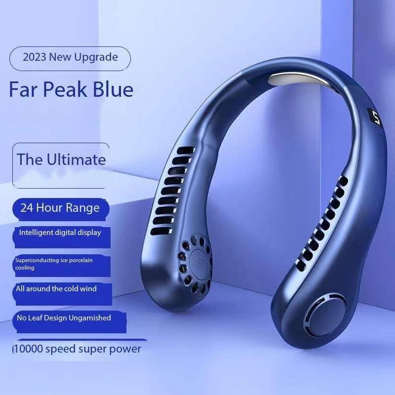 Non-Toxic Portable Mini Bladeless Mute Hanging Neck Fan Led Digital Display Ice Ceramic Body Sensation Cooling Colorful Atmosphere Lights