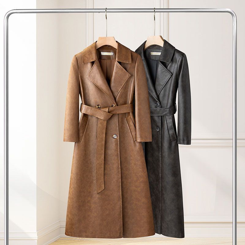 Elegante Soprabito Lungo da Donna Trench Vintage in Pelle Cappotto Mezza Lunghezza Slim Fit Primavera Autunno Capospalla