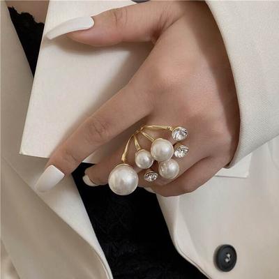 Lady Oversize Jewelry Rhinestone Open Rings Irregular Finger Rings Shiny Crystal Multi Pearl Rings