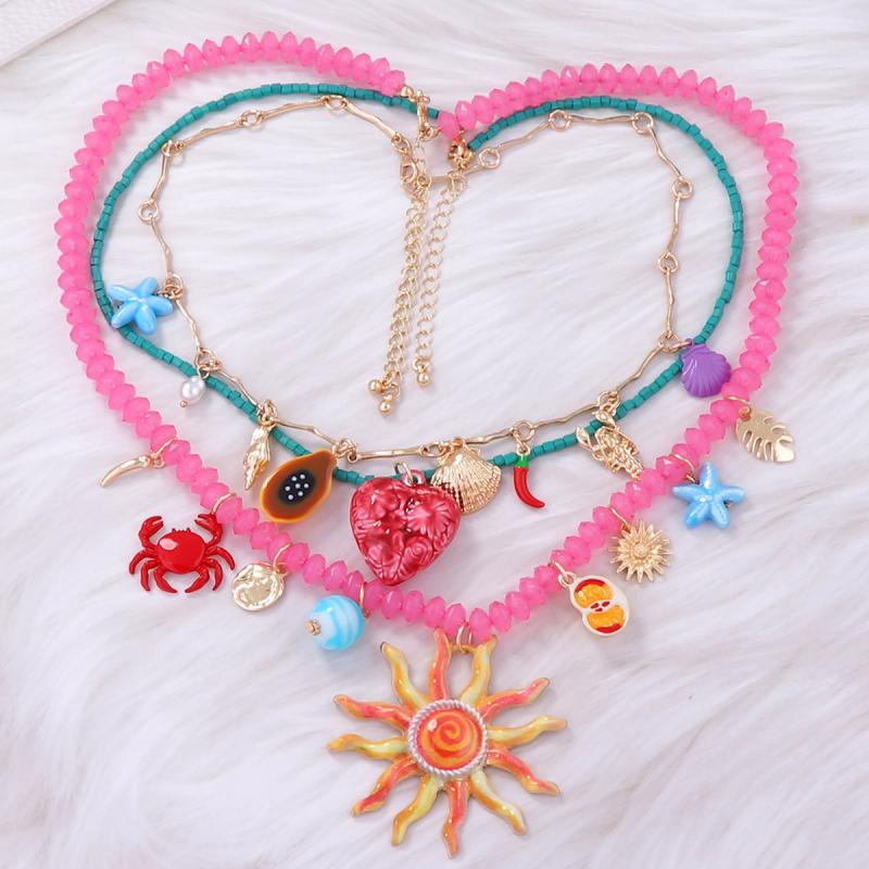 3Pcs/Set  Colorful Resin Beaded Charms Necklaces For Women Summer Ocean Vacation Style Party Jewelry Neck Accessories