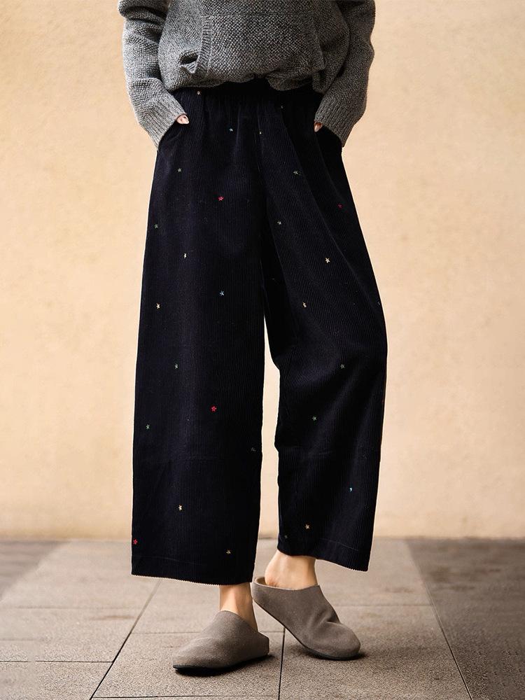Wen Jiu Embroidered Star Wide-Leg Corduroy Trousers with Elastic Waist Medium темно-синий
