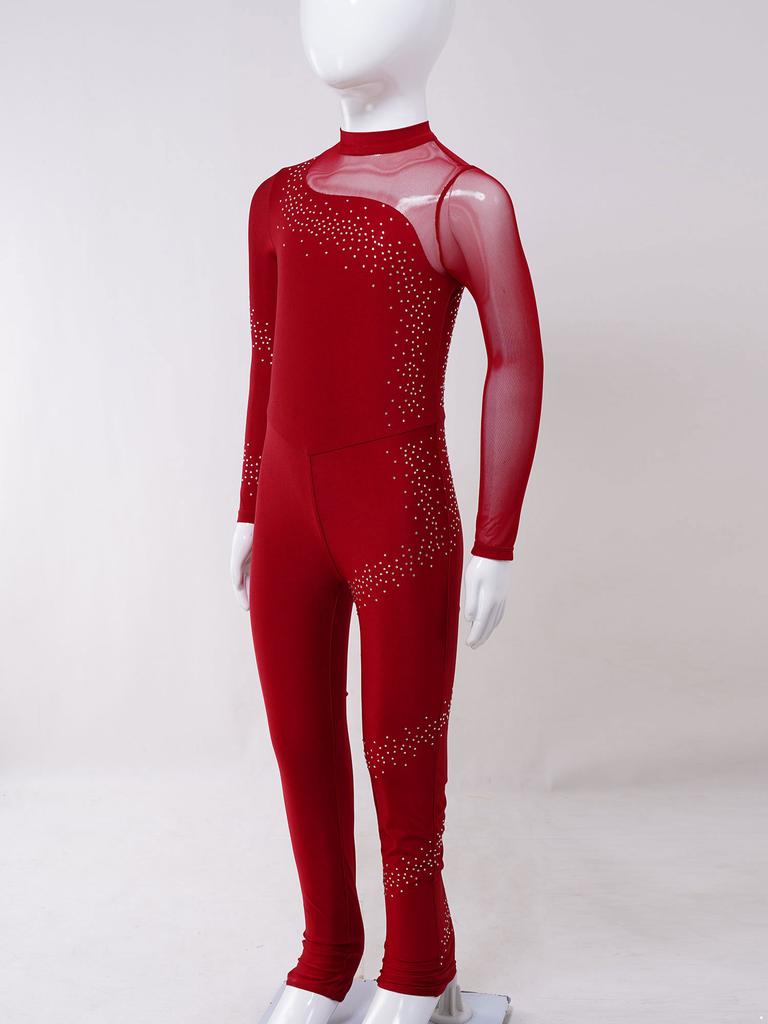 Jenter Glitrende Rhinestone Mesh Gymnastikk Jumpsuit Langermet Gjennomsiktig Lappverk Nøkkelhullrygg Kunstløp Dans Bodysuit