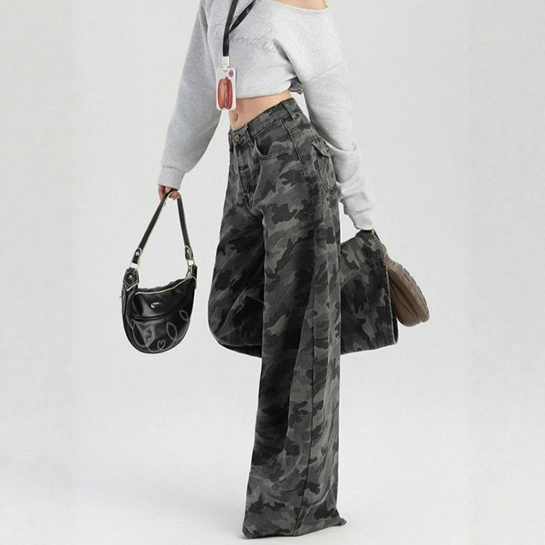 Comfortable Camouflage Jeans Women's Large Size Loose Peplum Trousers High Street Skinny Wide Leg Trousers Jeans for Women Long Denim Pants