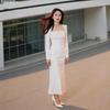 Women's White French Square Neck Slim-Fit Long-Sleeve Dress for Autumn/Winter Events