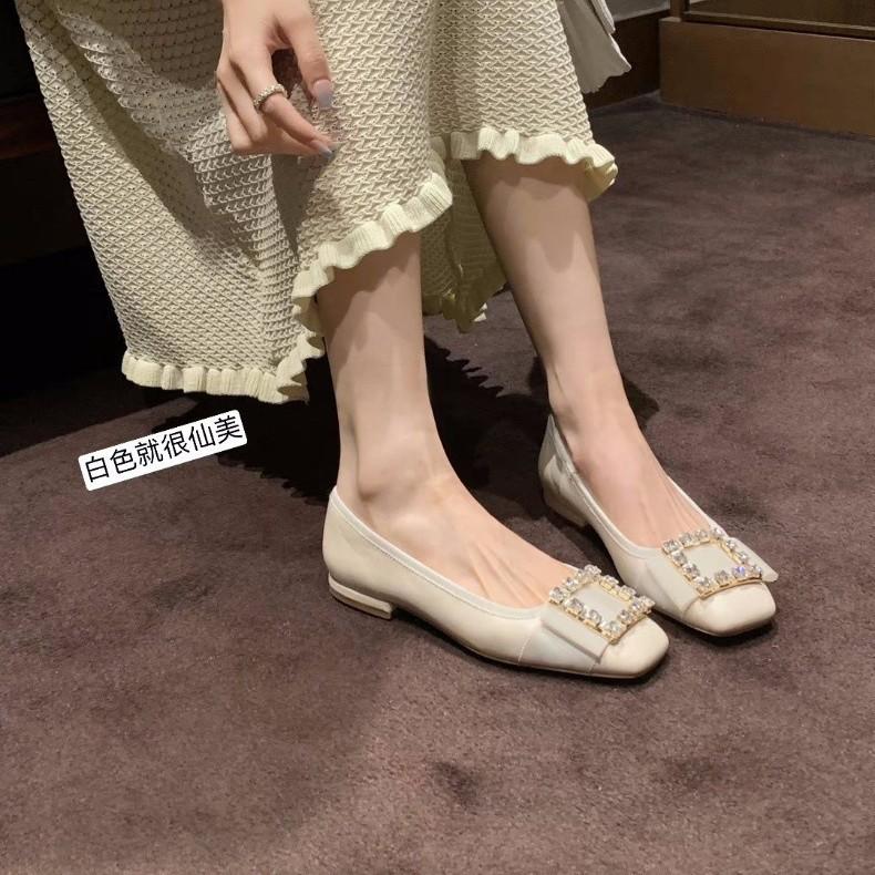 Sheepskin version~ Classic temperament square buckle rhinestone commuting versatile single shoes women's autumn leather Mary Jane flats ladyshoes
