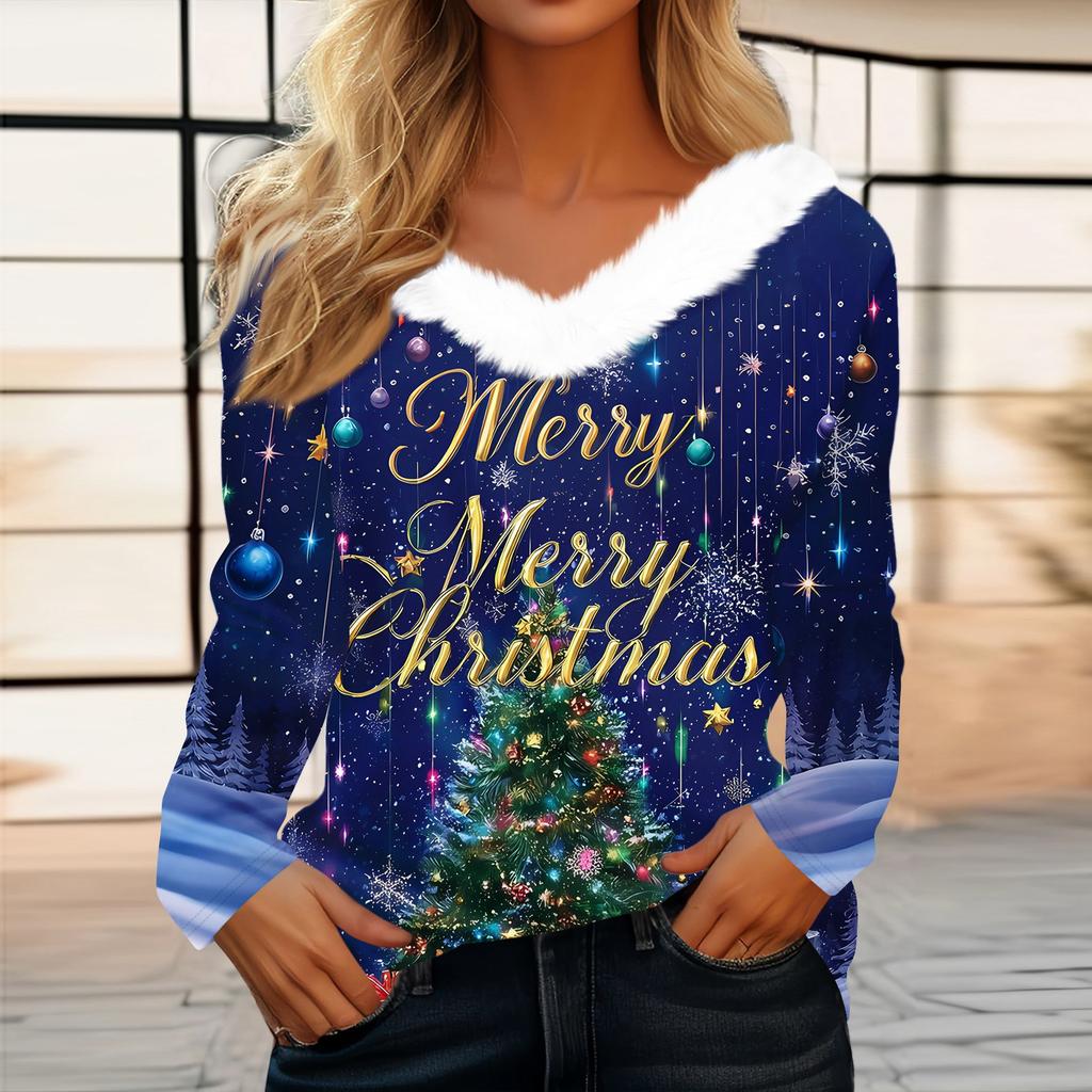 Women's T Shirt Tee Christmas Print Shirt Long Sleeve Party Christmas Fleece Collar V Neck  Top