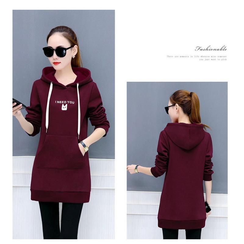Podzimní a zimní nový korejský styl dámský pulovr volný velká velikost studentská mikina s kapucí střední délky sametová vyšívaná mikina pro ženy