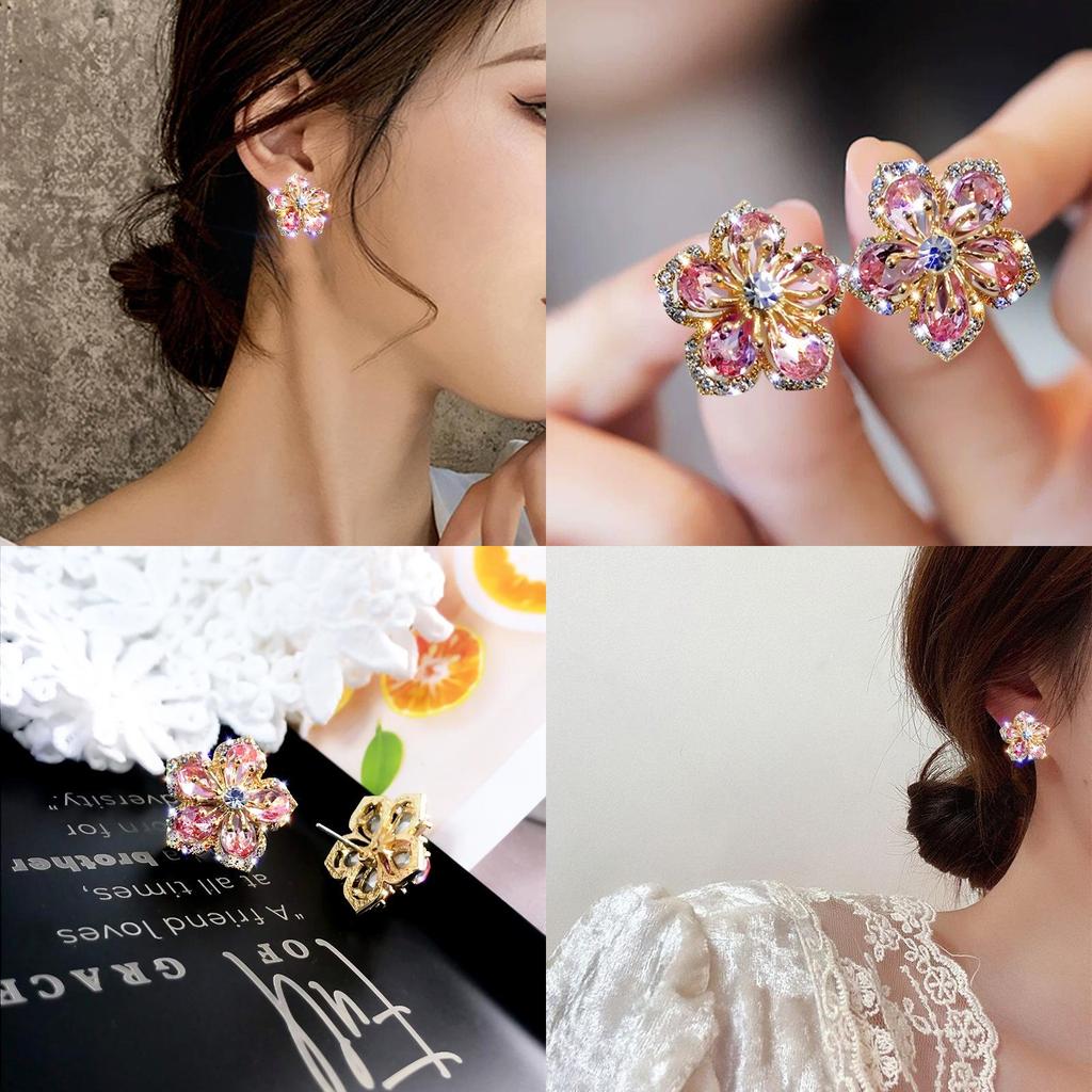 Floral Zircon Silver Needle Earrings With Rose Design For Elegant Women