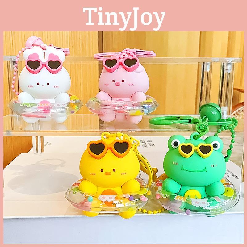 Swimming Circle Animal Cartoon Keychain Rabbit Frog Wearing Sunglasses Design