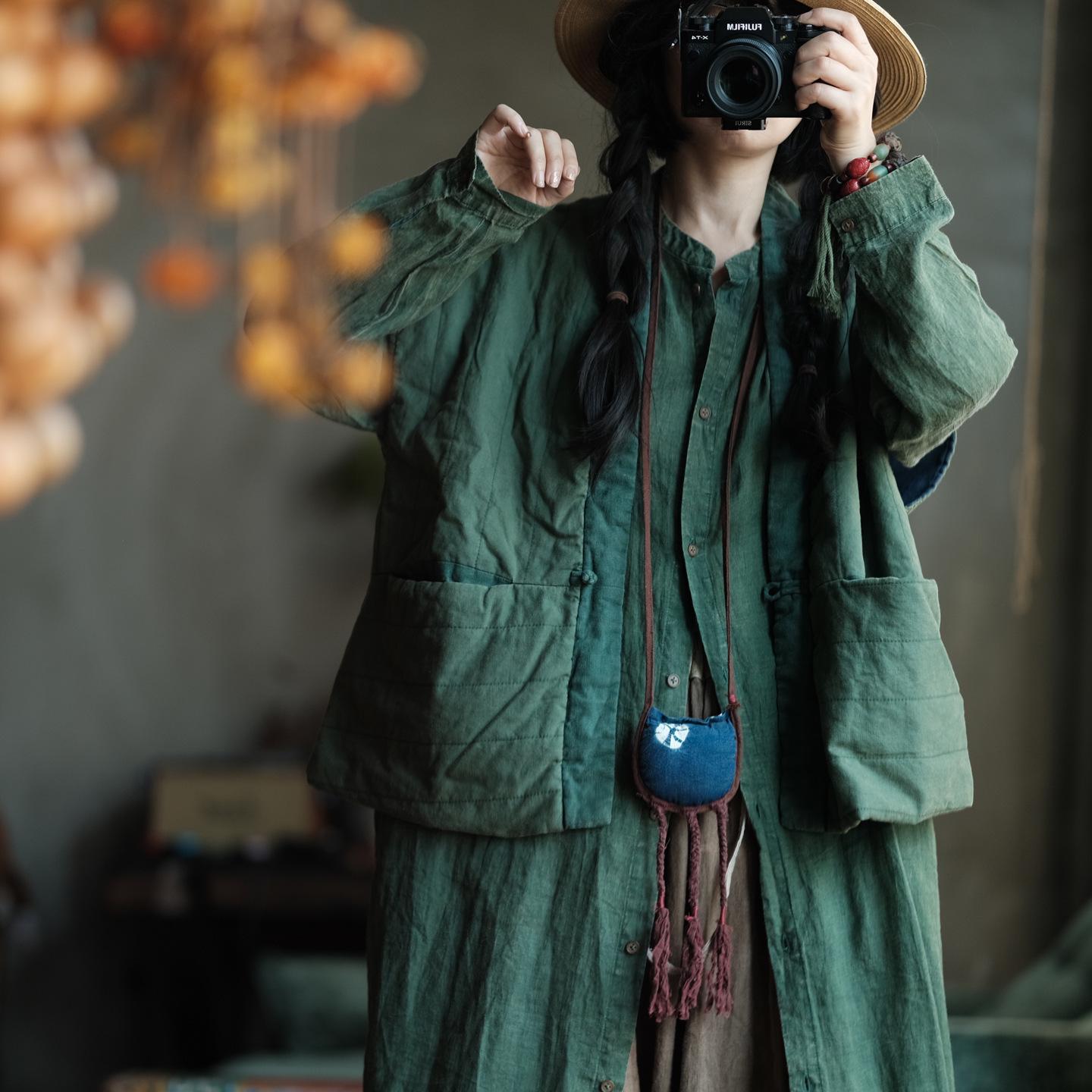 LuoGuNi Artistic Retro Green Cotton Linen Vest - New Chinese Style Autumn Outerwear One Size