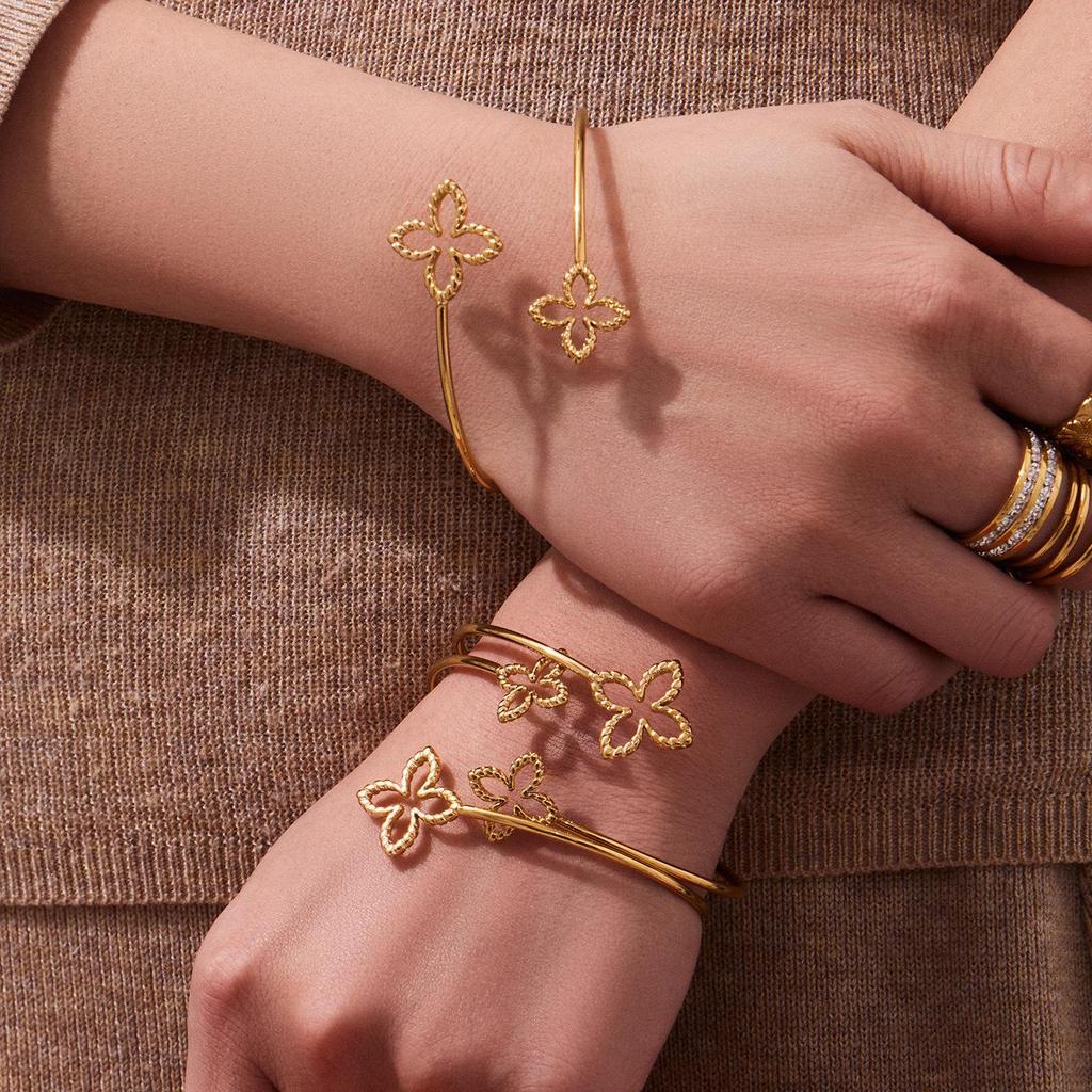 Elegant Double Flower Open Bracelet, 18k Gold-Plated Stainless Steel