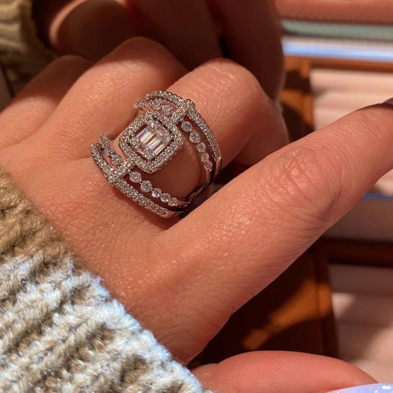 Gorgeous Wide Ring Female Silver Color Brilliant CZ Finger Jewelry for Wedding Party Luxury Women Anniversary Accessories