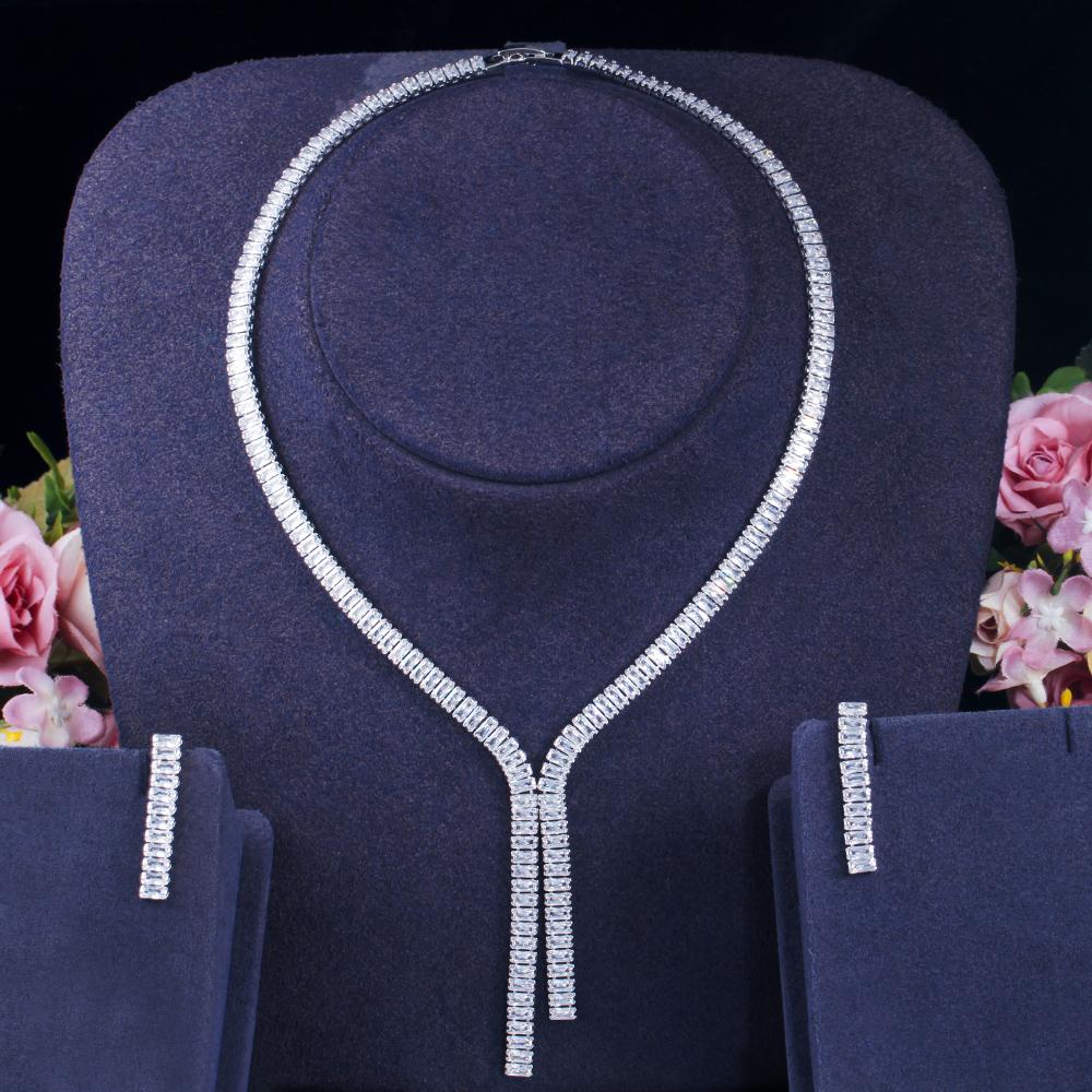 CMM Shiny Cubic Zirconia Elegant Long Dangling Drop Tassel Wedding Costume Necklace Brides Jewelry Sets for Women