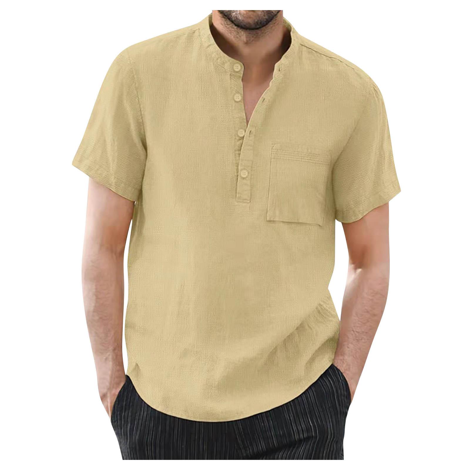 

Дизайнерские весенне-летние мужские повседневные рубашки из хлопка и льна, однотонные рубашки с длинными рукавами, свободные рубашки с воротником-стойкой XXXL хаки