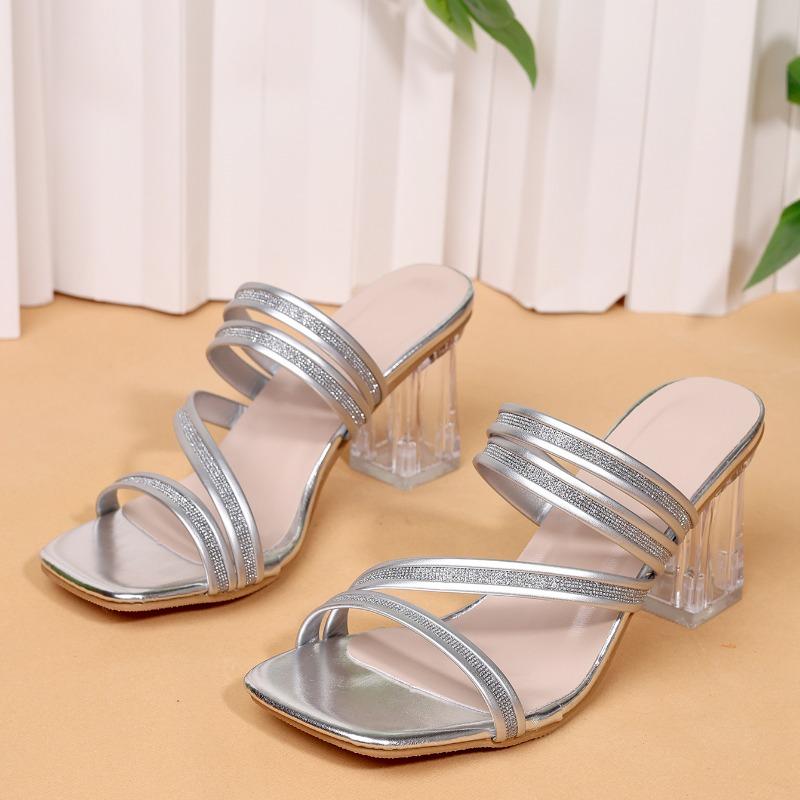 Fashion Women's Fashion Slippers Summer New Square Head Open Toe Sequin Thin Strap Slip-on Wear Resistant Chunky Heels