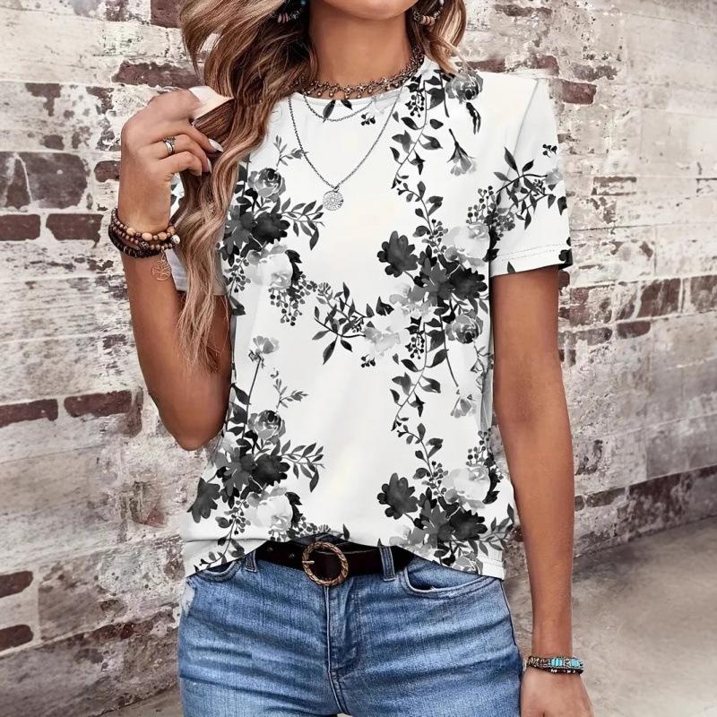Summer Round Neck 3D Flower Pattern Print Top Fashionable Casual Short Sleeved Women's T-shirts