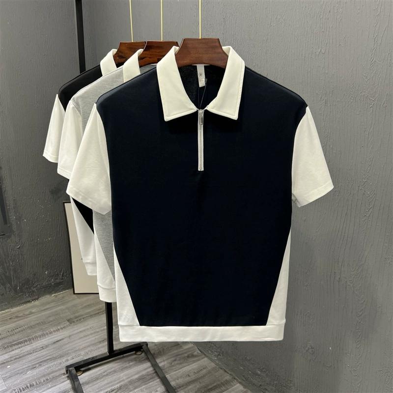 Light Mature Style Summer Men's Fashion Half Zipper Polo Shirt Short Sleeved Slightly Wide Casual Color Blocked Half Sleeved T-shirt Trendy