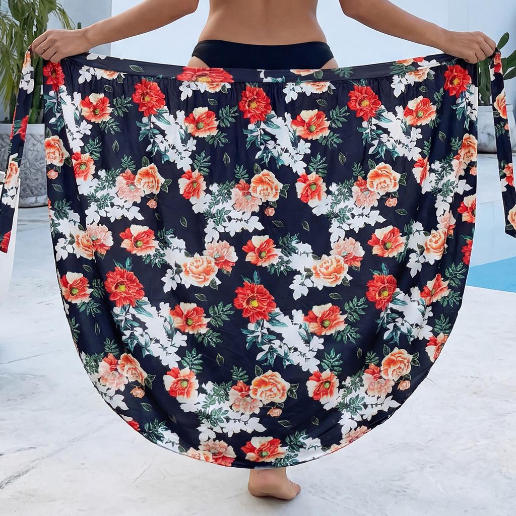 Women's Beach Tie Halter Dress with Printed One-piece Shawl, Irregular Multi-wearing Style Wrap Skirt