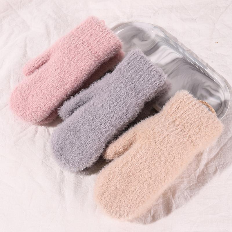Femme Hiver Garder au Chaud Plus Cachemire Épaissir Polaire Vison Solide Mignon Adorable Extérieur Coupe-vent Cyclisme Mitaines Gants Doigts Entiers