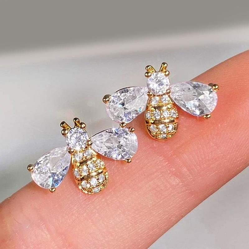 

European and American Honey Bee Zircon Earrings for Women with A Niche Design, Water Droplet Design, Zircon and Accessories